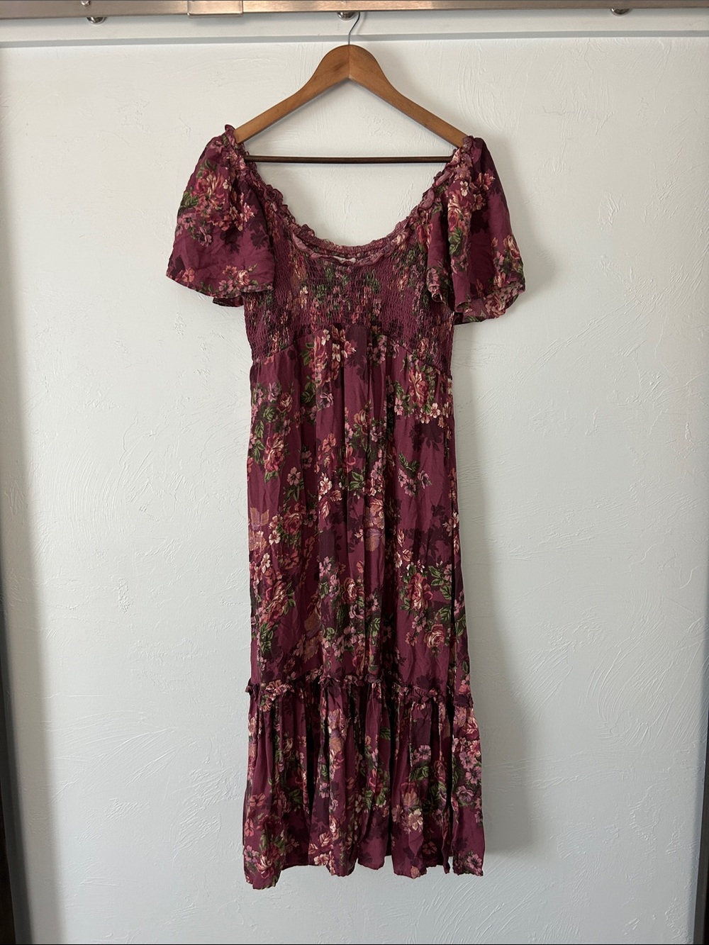 Maurices Burgundy Floral Off-Shoulder Midi Dress